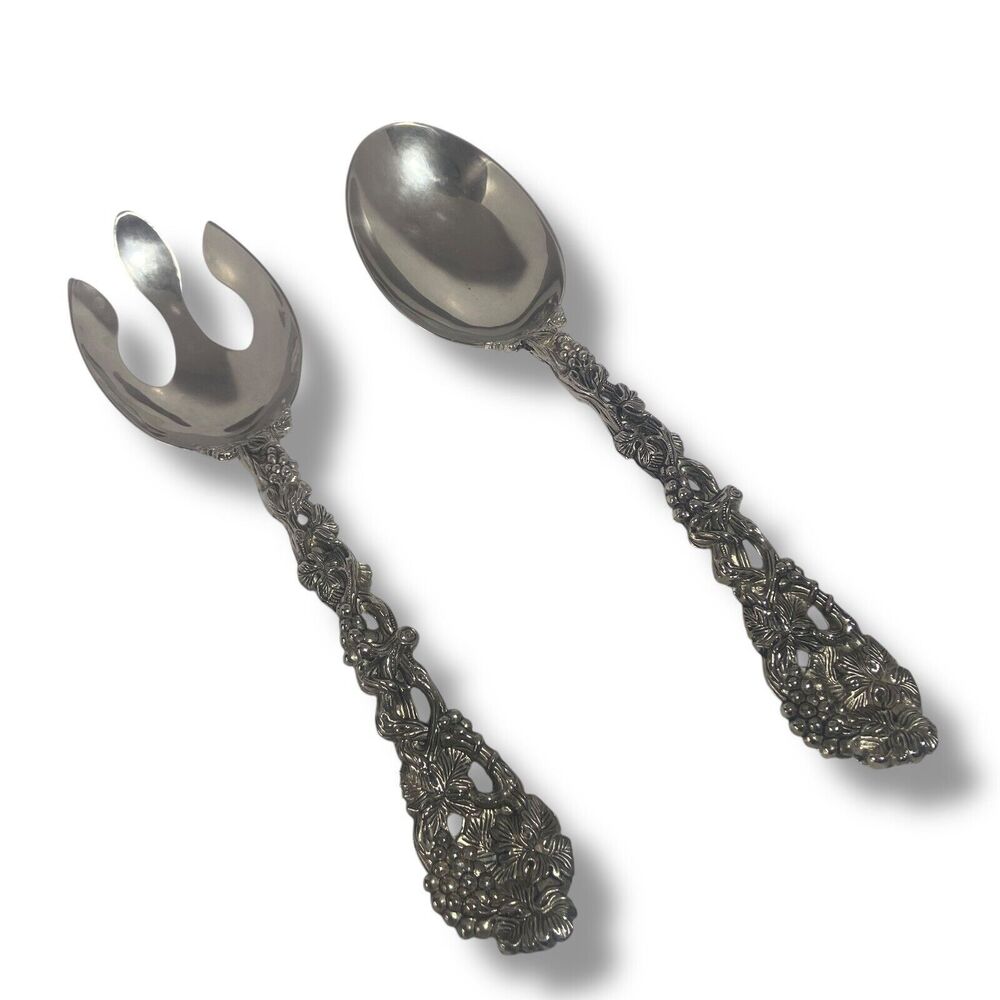Godinger Silverplated Serving Spoon & Fork Set Ornate Grapevine Handle Vintage
